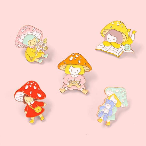 Pink Mushroom Cute Girls Enamel Pins 89-2 - Picture 3 of 7